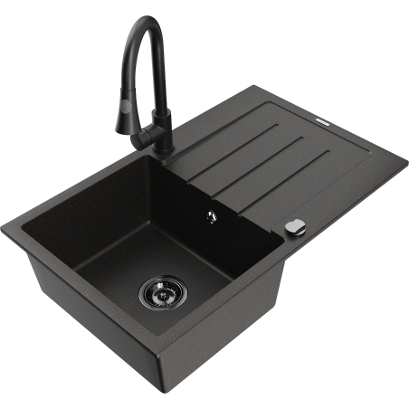Mexen Bruno évier en granit à 1 bac avec égouttoir et mitigeur de cuisine Elia, noir/or métallique - 6513-75-670101-70-B