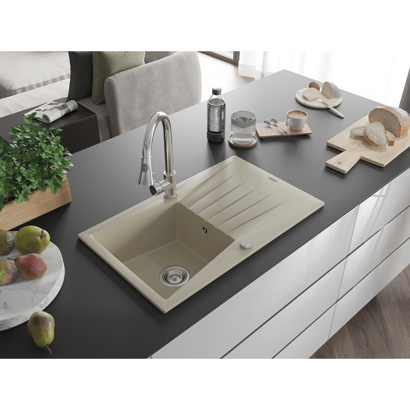 Mexen Cesar évier en granit 1 bac avec égouttoir et mitigeur de cuisine Elia, beige - 6514-69-670101-00