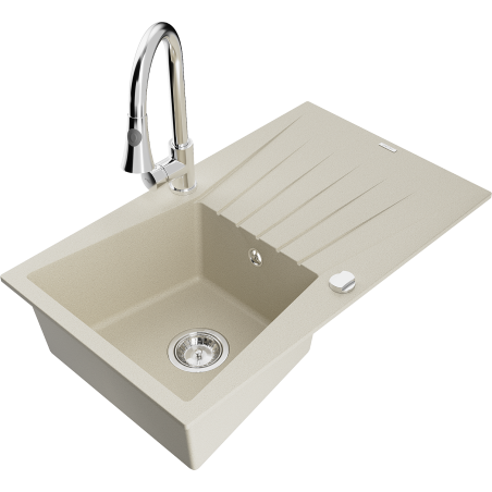 Mexen Cesar Évier en granit 1 bac avec égouttoir et robinet de cuisine Elia, beige - 6514-69-670101-00