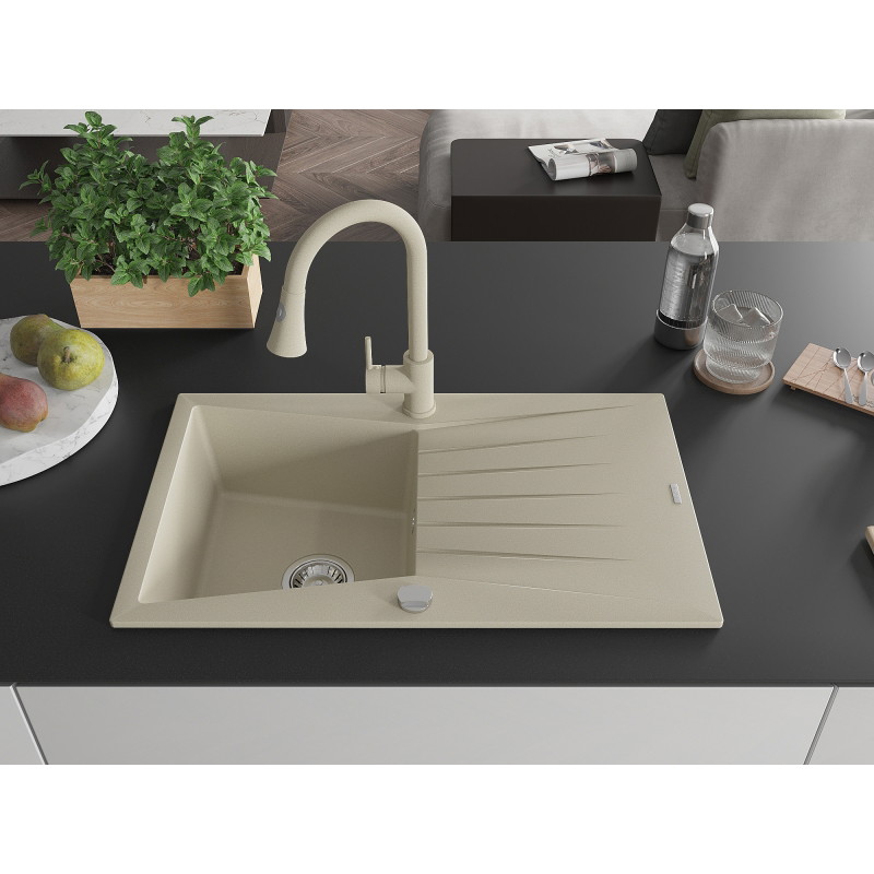 Mexen Cesar évier en granit à 1 cuve avec égouttoir et robinet de cuisine Elia, beige - 6514-69-670101-69