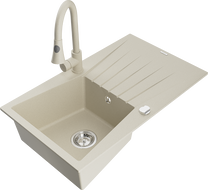 Mexen Cesar évier en granit 1 bac avec égouttoir et robinet de cuisine Elia, beige - 6514-69-670101-69