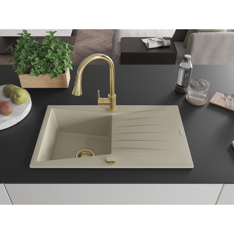 Mexen Cesar évier granit 1 bac avec égouttoir et robinet de cuisine Elia, beige - 6514-69-670101-50
