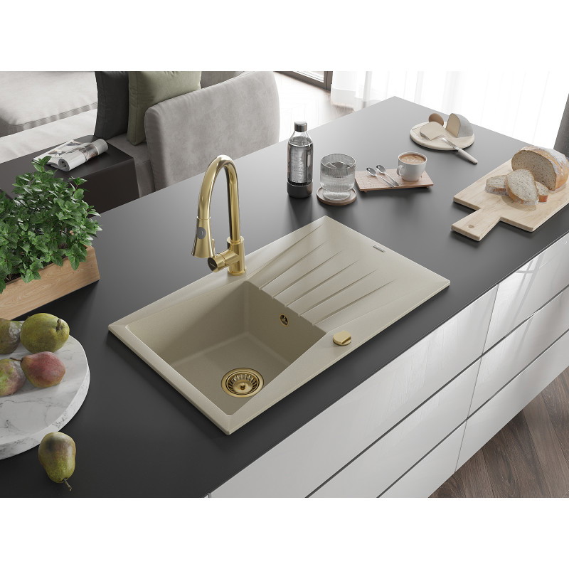 Mexen Cesar évier en granit 1 bac avec égouttoir et mitigeur de cuisine Elia, beige - 6514-69-670101-50