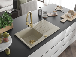 Mexen Cesar évier en granit 1 bac avec égouttoir et robinet de cuisine Elia, beige - 6514-69-670101-50