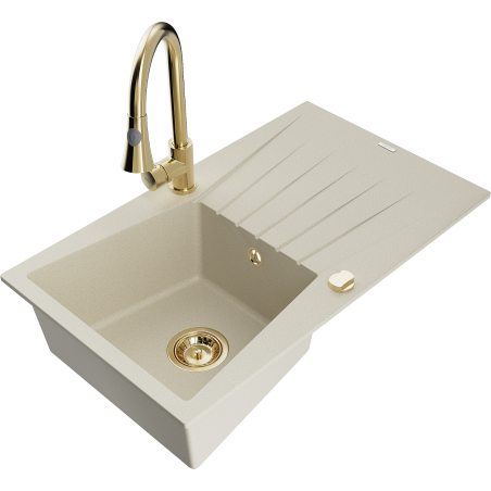 Mexen Cesar évier granit 1 bac avec égouttoir et robinet de cuisine Elia, beige - 6514-69-670101-50