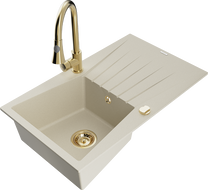 Mexen Cesar évier granit 1 bac avec égouttoir et robinet de cuisine Elia, beige - 6514-69-670101-50