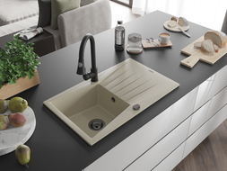 Mexen Cesar évier en granit 1 bac avec égouttoir et robinet de cuisine Elia, beige - 6514-69-670101-70