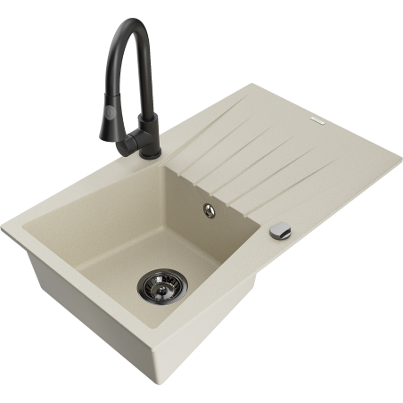 Mexen Cesar évier en granit 1 bac avec égouttoir et mitigeur Elia, beige - 6514-69-670101-70