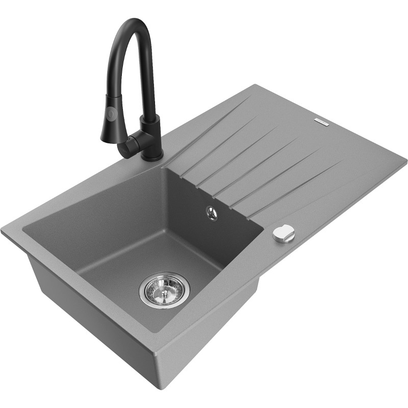 Mexen Cesar évier en granit 1 cuve avec égouttoir et robinet de cuisine Elia, gris - 6514-71-670101-70