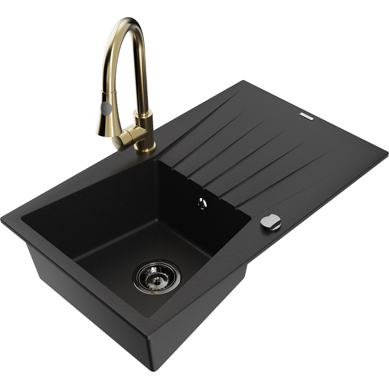 Mexen Cesar évier en granit à 1 bac avec égouttoir et robinet de cuisine Elia, noir - 6514-77-670101-50-B