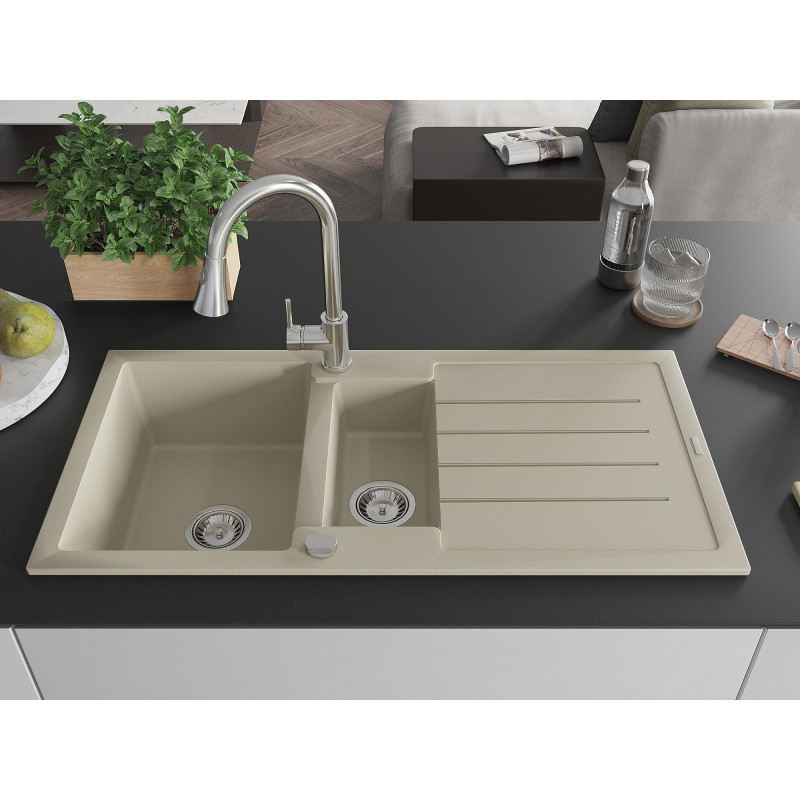 Mexen Andres évier en granit 1,5 bac avec égouttoir et robinet de cuisine Elia, beige - 6515-69-670101-00