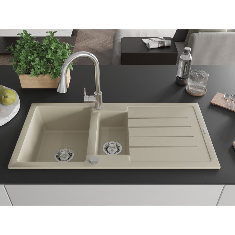 Mexen Andres évier en granit 1,5 cuves avec égouttoir et robinet de cuisine Elia, beige - 6515-69-670101-00