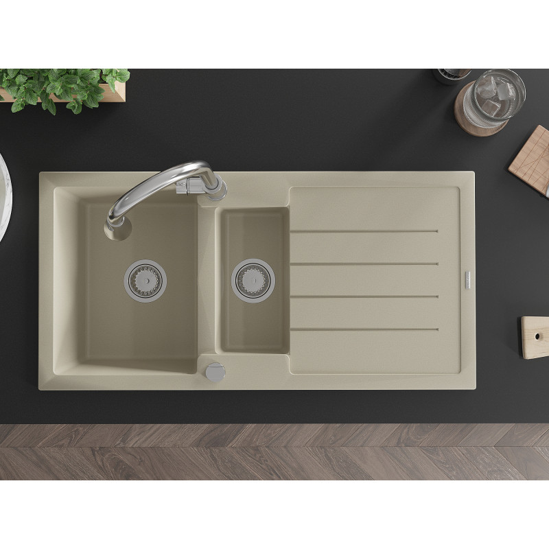 Mexen Andres évier en granit 1,5 cuves avec égouttoir et robinet de cuisine Elia, beige - 6515-69-670101-00