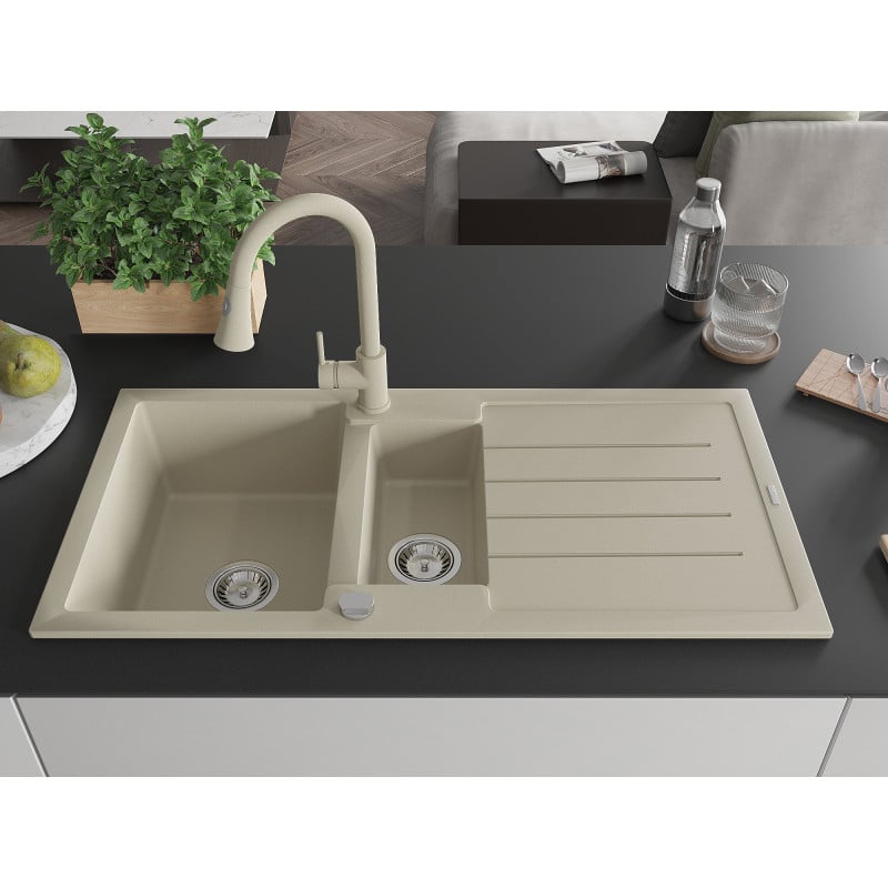 Mexen Andres évier en granit 1,5 bac avec égouttoir et robinet de cuisine Elia, beige - 6515-69-670101-69