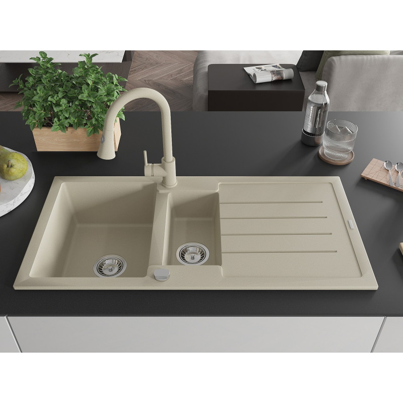 Mexen Andres évier en granit 1,5 bacs avec égouttoir et robinet de cuisine Elia, beige - 6515-69-670101-69