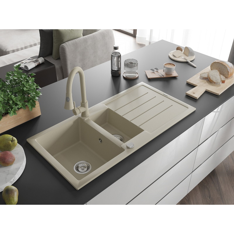 Mexen Andres évier en granit 1,5 bacs avec égouttoir et robinet de cuisine Elia, beige - 6515-69-670101-69