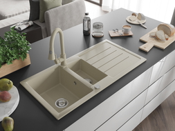 Mexen Andres évier en granit 1,5 bacs avec égouttoir et robinet de cuisine Elia, beige - 6515-69-670101-69