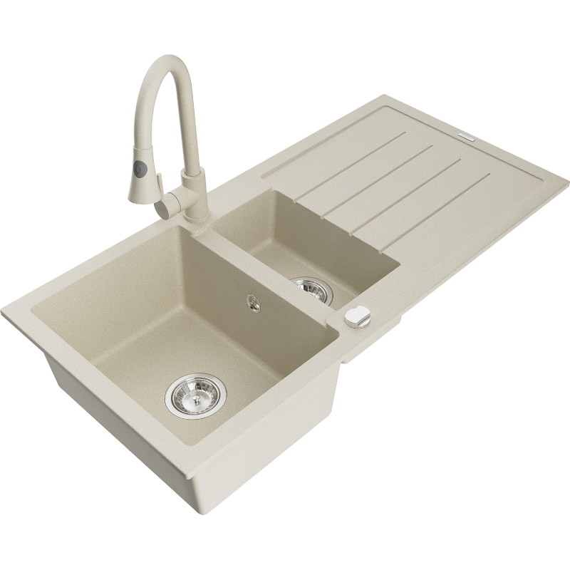 Mexen Andres évier en granit 1,5 bacs avec égouttoir et robinet de cuisine Elia, beige - 6515-69-670101-69