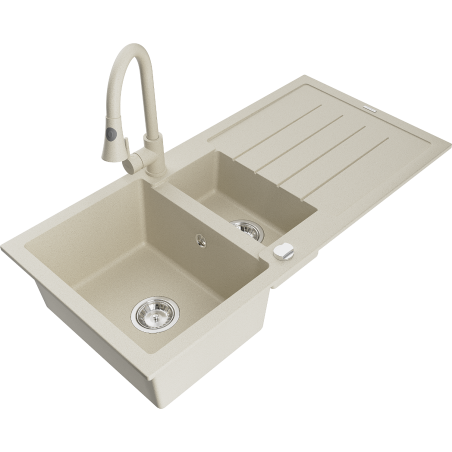 Mexen Andres évier en granit 1,5 bacs avec égouttoir et robinet de cuisine Elia, beige - 6515-69-670101-69