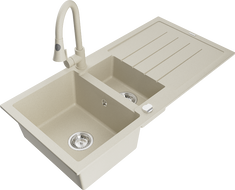 Mexen Andres évier en granit 1,5 bacs avec égouttoir et robinet de cuisine Elia, beige - 6515-69-670101-69