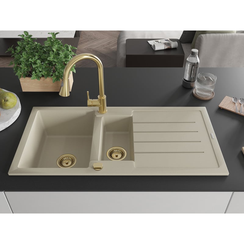 Mexen Andres évier en granit 1,5 bacs avec égouttoir et mitigeur de cuisine Elia, beige - 6515-69-670101-50