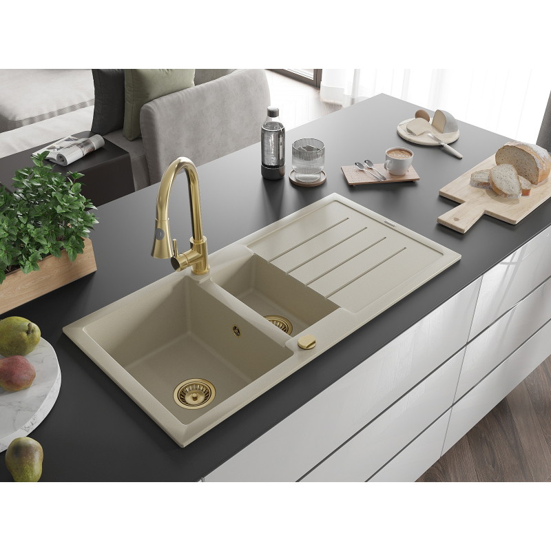 Mexen Andres Évier en granit 1,5 bac avec égouttoir et robinet de cuisine Elia, beige - 6515-69-670101-50