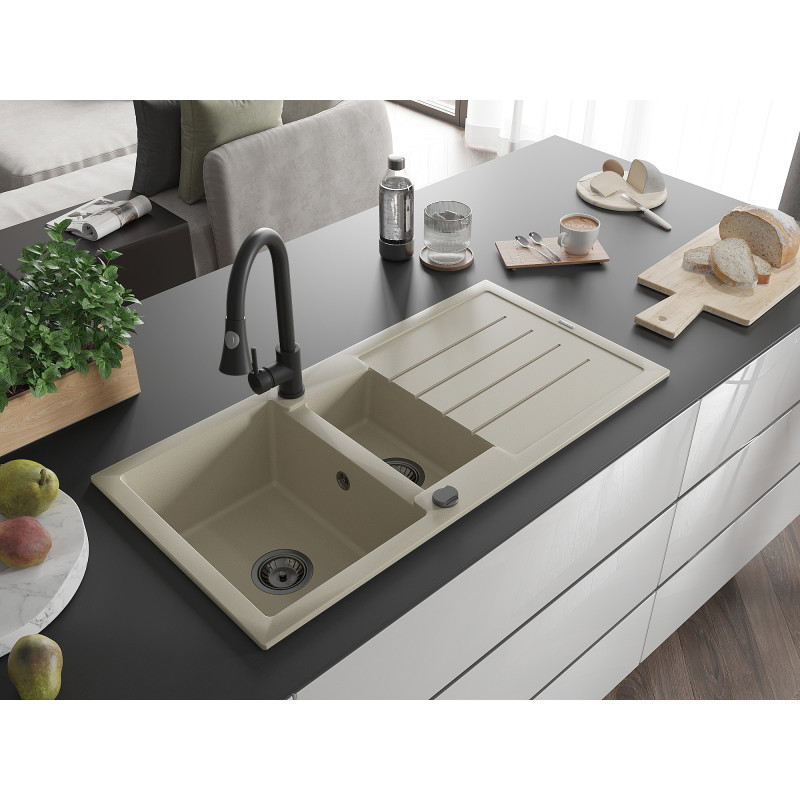 Mexen Andres évier en granit 1,5 bac avec égouttoir et robinet de cuisine Elia, beige - 6515-69-670101-70