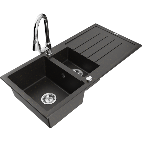 Mexen Andres Évier en granit 1,5 cuve avec égouttoir et robinet de cuisine Elia, noir/doré métallisé - 6515-75-670101-00