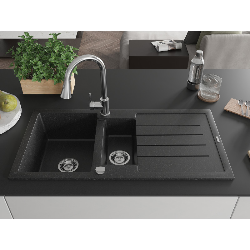 Mexen Andres évier en granit 1,5 cuves avec égouttoir et robinet de cuisine Elia, noir/argent métallique - 6515-73-670101-00