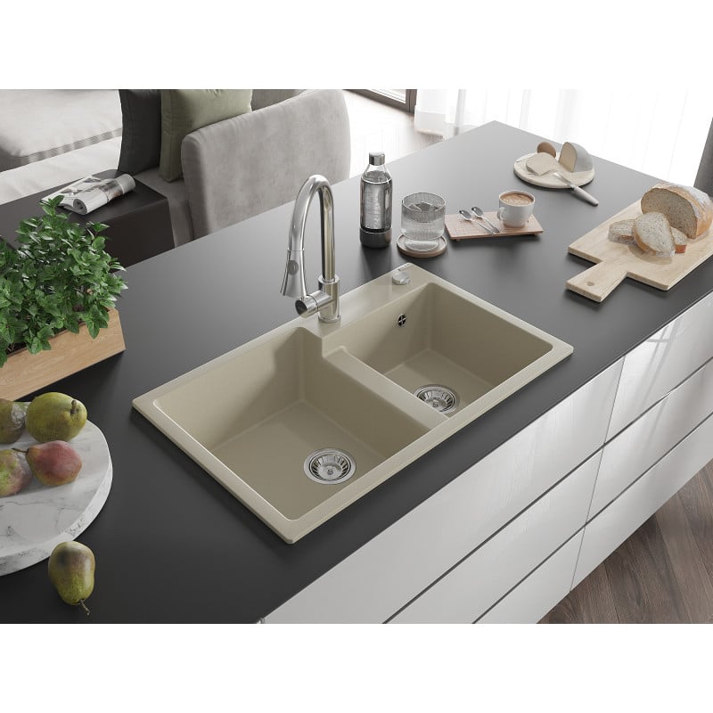 Mexen Tomas évier en granit 2 bacs avec robinet de cuisine Elia, beige - 6516-69-670101-00