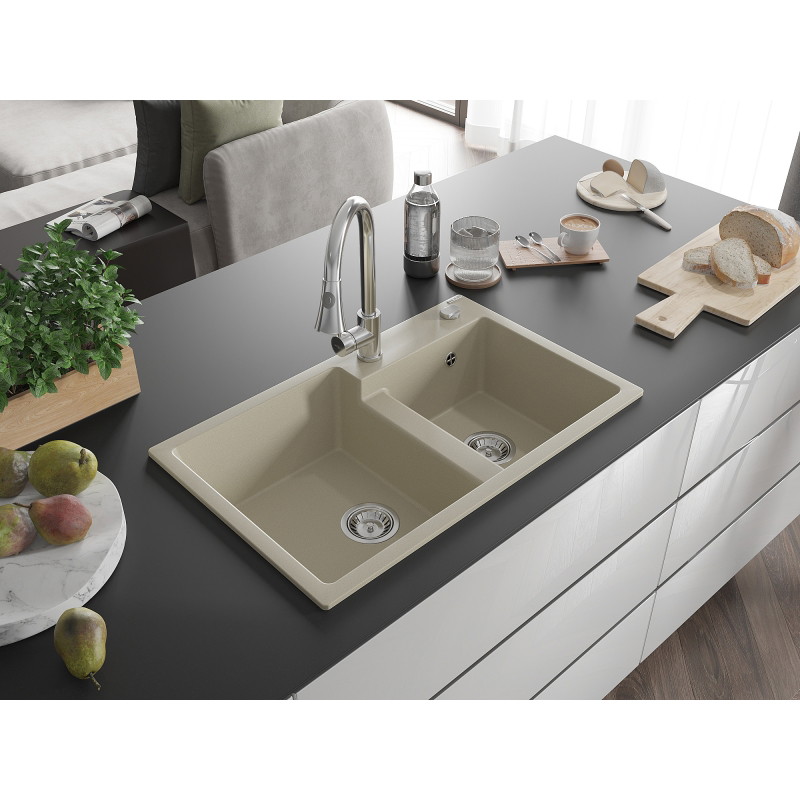 Mexen Tomas évier en granit à 2 bacs avec robinet de cuisine Elia, beige - 6516-69-670101-00
