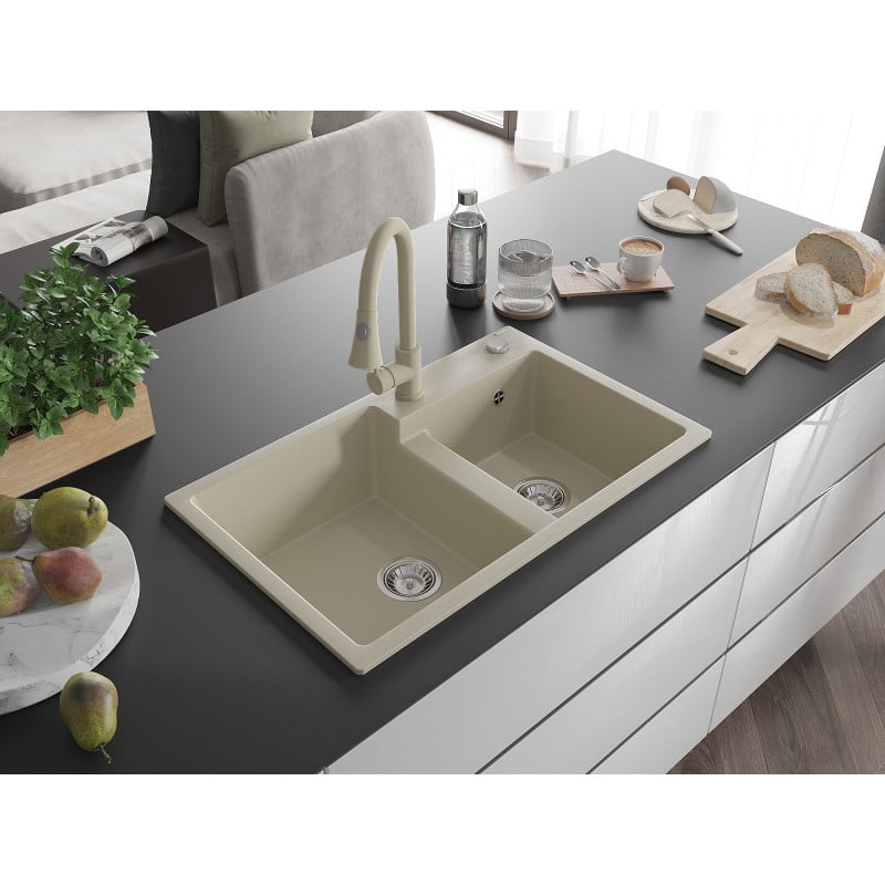 Mexen Tomas évier en granit 2 bacs avec robinet de cuisine Elia, beige - 6516-69-670101-69