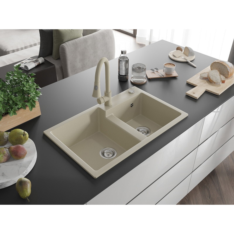 Mexen Tomas évier en granit à 2 bacs avec robinet de cuisine Elia, beige - 6516-69-670101-69