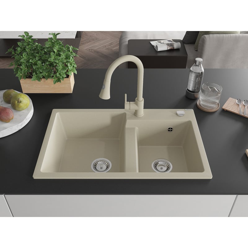 Mexen Tomas évier en granit 2 bacs avec robinet de cuisine Elia, beige - 6516-69-670101-69