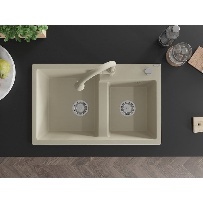 Mexen Tomas évier en granit 2 bacs avec robinet de cuisine Elia, beige - 6516-69-670101-69