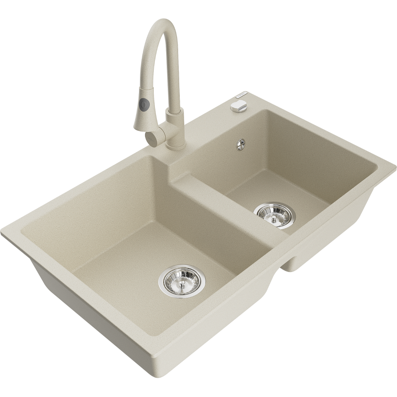 Mexen Tomas évier en granit 2 bacs avec robinet de cuisine Elia, beige - 6516-69-670101-69