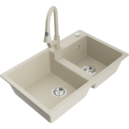 Mexen Tomas évier en granit 2 bacs avec robinet de cuisine Elia, beige - 6516-69-670101-69