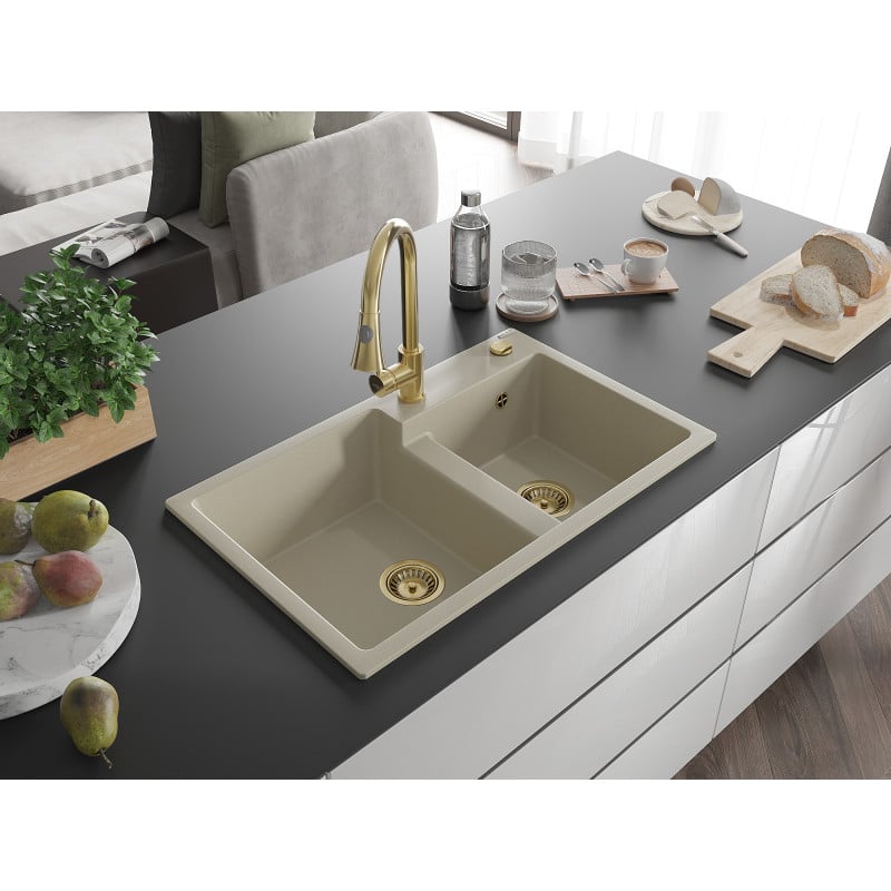 Mexen Tomas évier en granit 2 bacs avec mitigeur de cuisine Elia, beige - 6516-69-670101-50