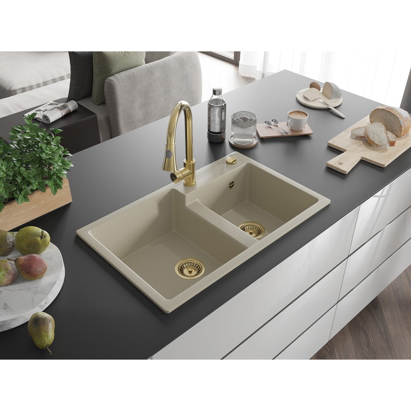 Mexen Tomas évier granitique à 2 cuves avec robinet de cuisine Elia, beige - 6516-69-670101-50