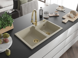 Mexen Tomas évier en granit 2 bacs avec robinet de cuisine Elia, beige - 6516-69-670101-50
