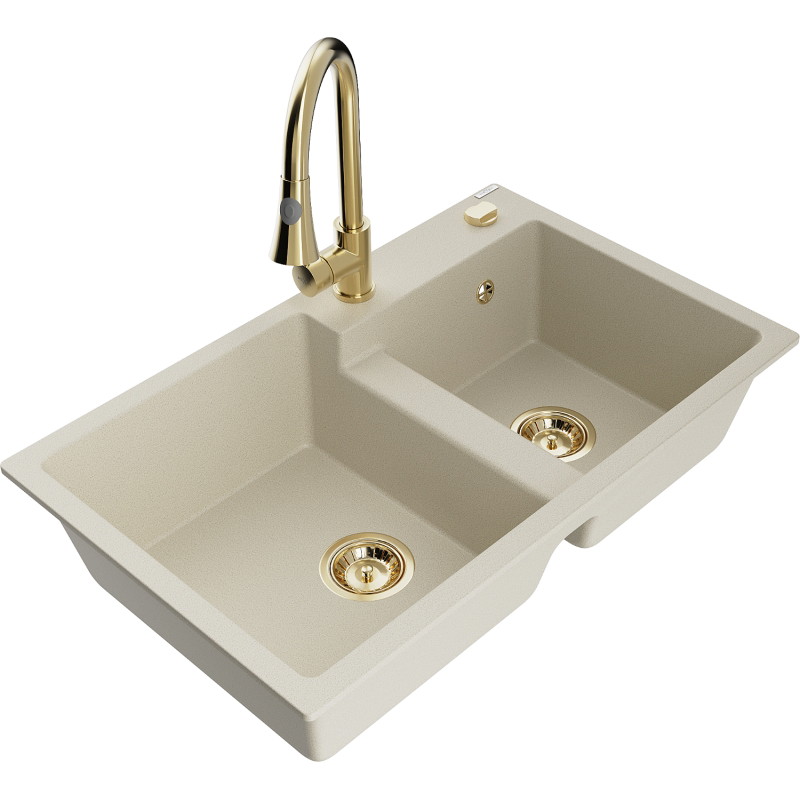 Mexen Tomas évier granitique à 2 cuves avec robinet de cuisine Elia, beige - 6516-69-670101-50