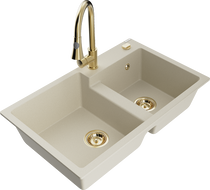 Mexen Tomas évier en granit 2 bacs avec robinet de cuisine Elia, beige - 6516-69-670101-50