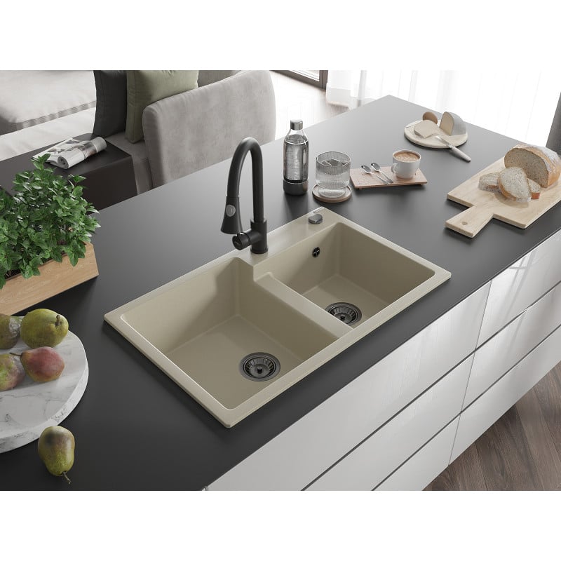 Mexen Tomas évier en granit à 2 bacs avec robinet de cuisine Elia, beige - 6516-69-670101-70