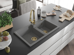 Mexen Tomas évier en granit 2 bacs avec robinet de cuisine Elia, gris - 6516-71-670101-50