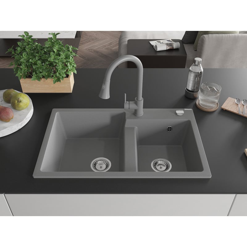 Mexen Tomas évier granit 2 bacs avec robinet de cuisine Elia, gris - 6516-71-670101-71