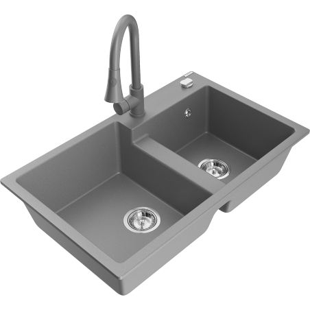 Mexen Tomas évier granit 2 bacs avec robinet de cuisine Elia, gris - 6516-71-670101-71