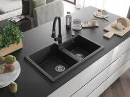 Mexen Tomas évier de cuisine en granit 2 bacs avec mitigeur Elia, noir/argent métallisé - 6516-73-670101-70