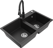 Mexen Tomas évier de cuisine en granit 2 bacs avec mitigeur Elia, noir/argent métallisé - 6516-73-670101-70