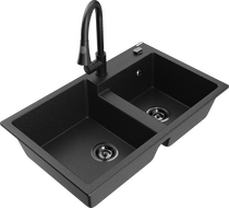 Mexen Tomas évier en granit à 2 bacs avec robinet de cuisine Elia, noir/métallisé argenté - 6516-73-670101-70-B