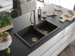 Mexen Tomas évier en granit 2 bacs avec robinet de cuisine Elia, noir/or métallique - 6516-75-670101-50